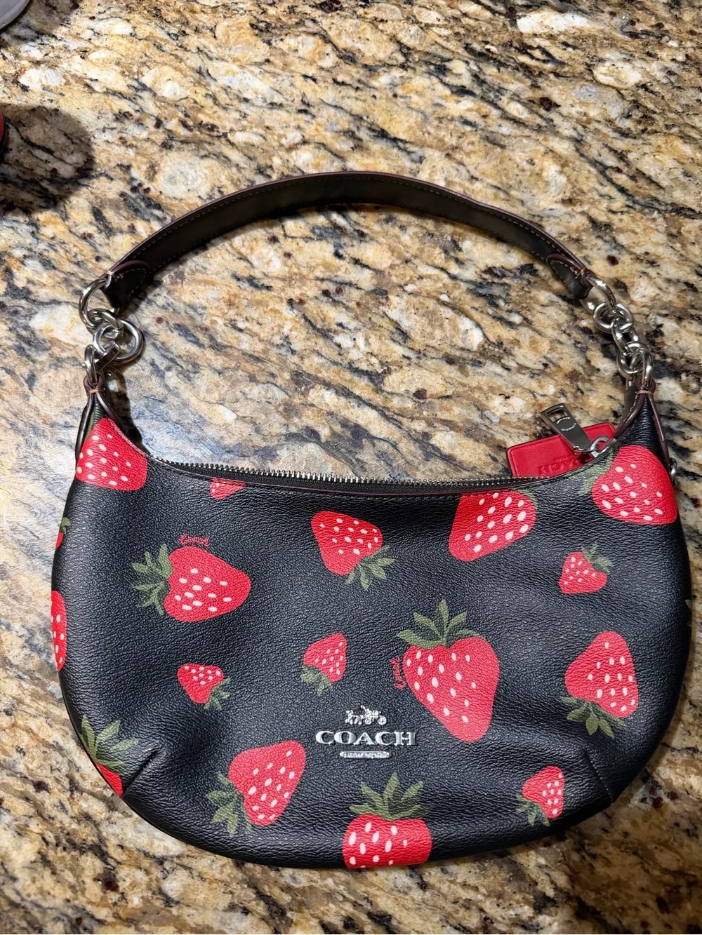 Coach Payton Black Leather Strawberry 🍓 Compact Shoulder Bag
